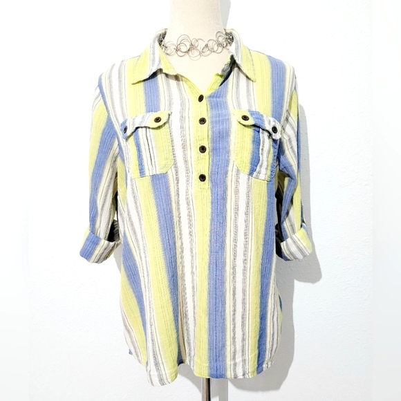Christopher & Banks Women XL Button-Front Shirt Yellow Blue Striped 100% Cotton - Picture 1 of 11